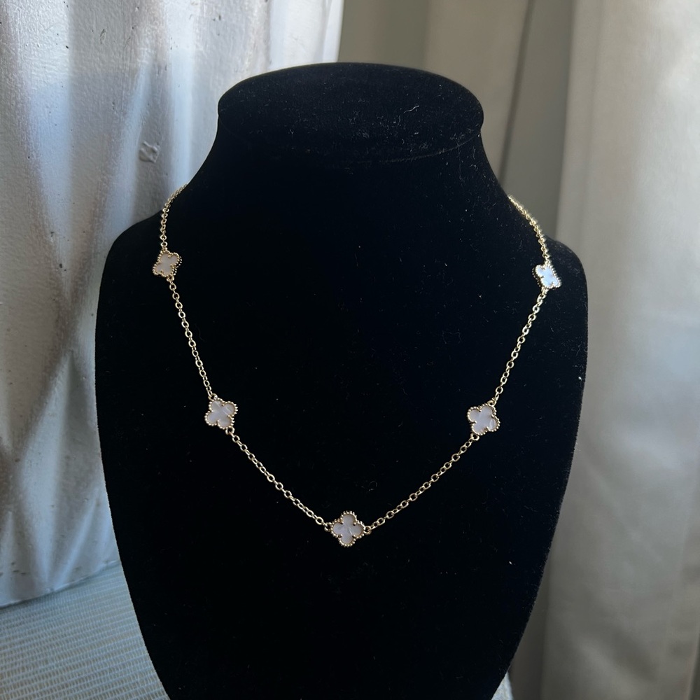 Gold Clover Station Necklace with White Mother-of-Pearl Accents